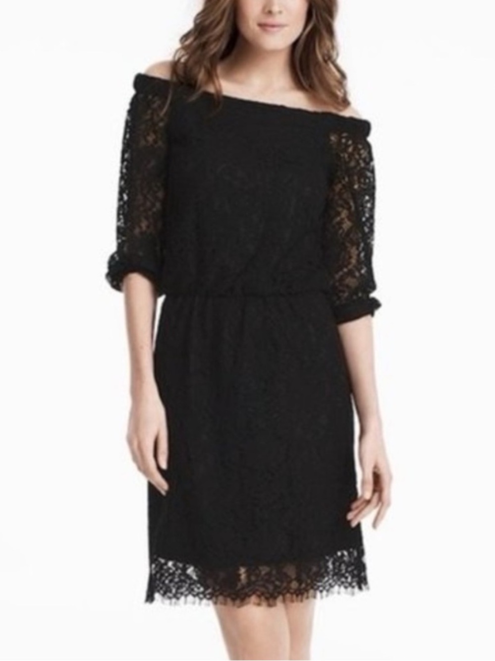 White House Black Market Black Lace Off the Shoulder Dress Vintage Romantic Boho - Picture 5 of 10